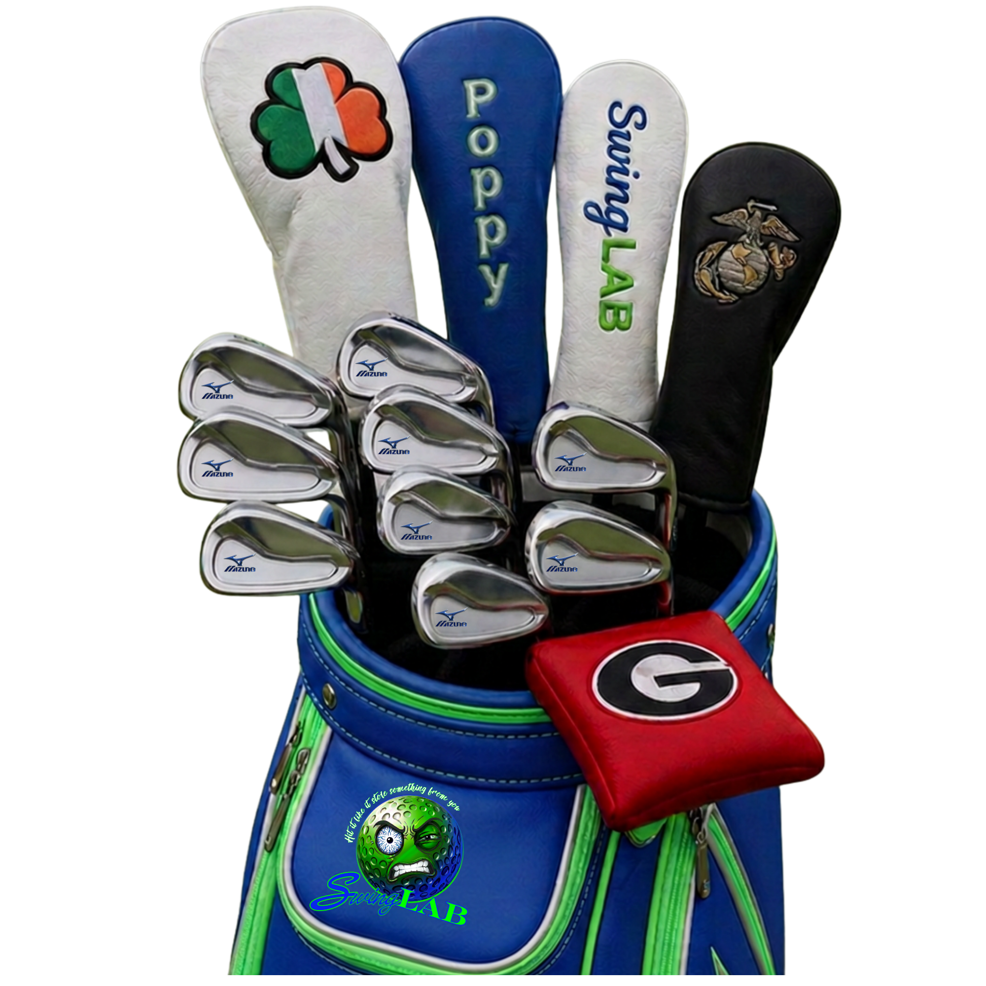 Poppy's golf bag with Mizuno irons and SwingLAB headcover
