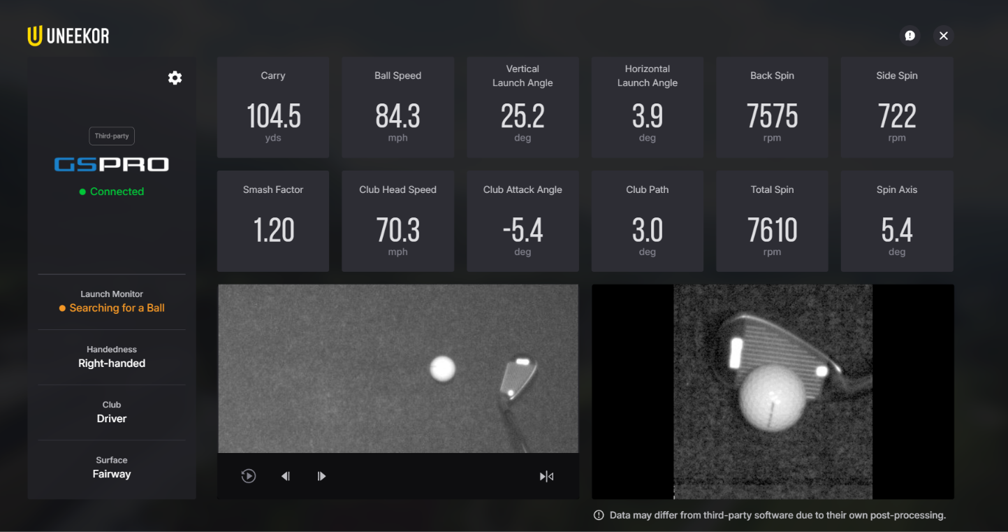 Uneekor launch monitor data dashboard showing ball speed, spin, carry distance and club metrics in GSPro